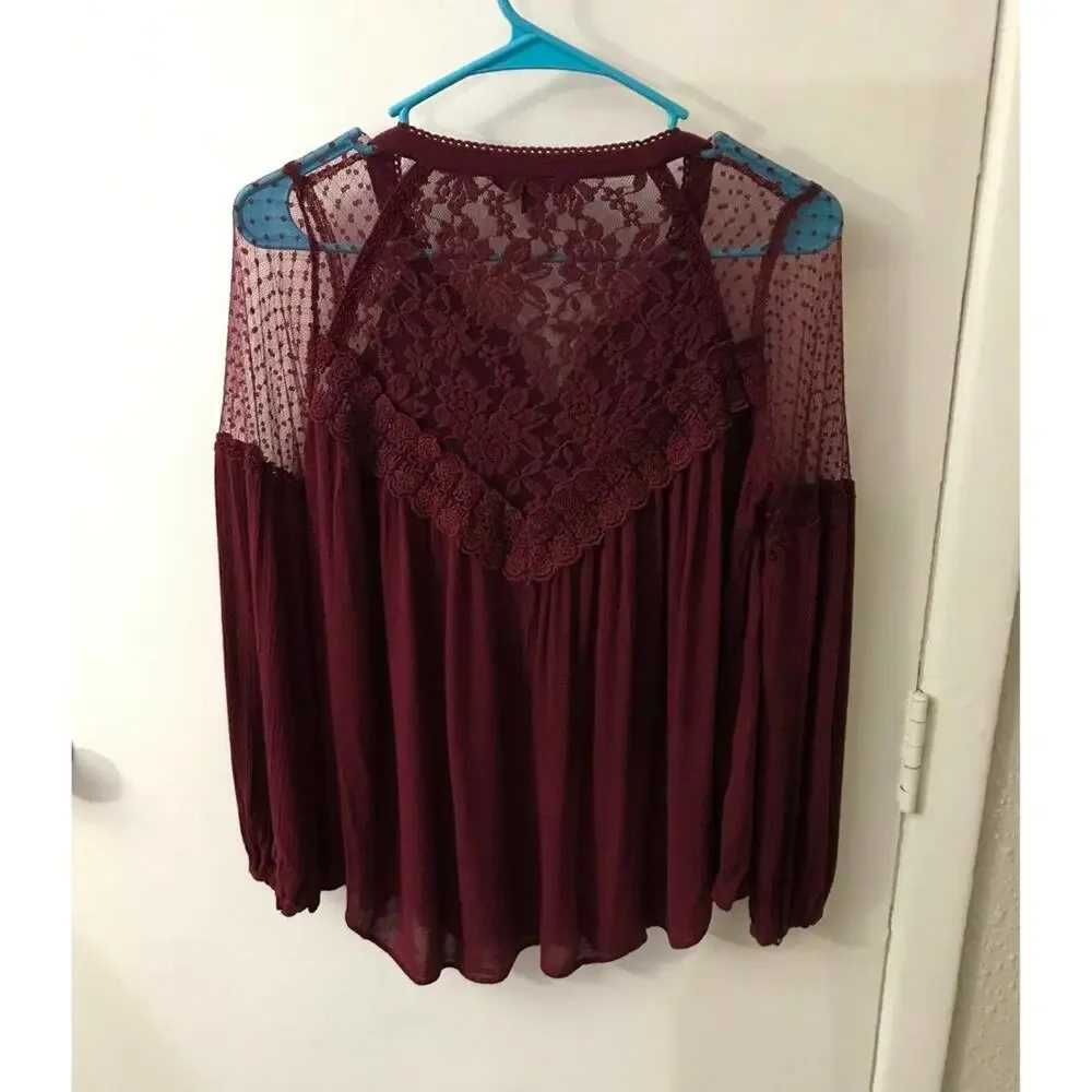American Eagle Outfitters Burgundy Gauze Lace Top S Boho Coquette Girl Fairycore
